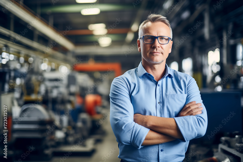 Confident Male Industrial Engineer with Arms Crossed Standing in a Manufacturing Plant. Industrial Leadership Concept Confident Male Industrial Engineer with Arms Crossed Standing in a Manufacturing Plant. Industrial Leadership Concept