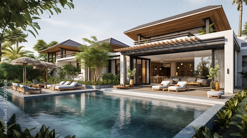 Luxurious pool villa with refined architecture and fresh greenery