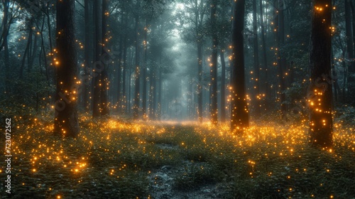 A forest filled with lots of yellow fireflies © Maria Starus
