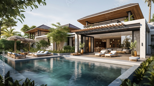 Luxurious pool villa with refined architecture and fresh greenery © growth.ai