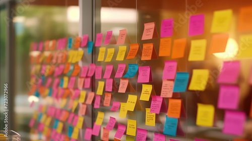 Colored notes or sticky notes on the glass wall in the office