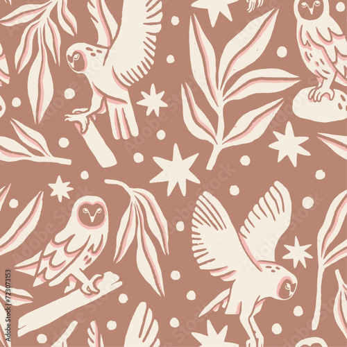 Magic owls pink and brown seamless pattern with stars and plants 