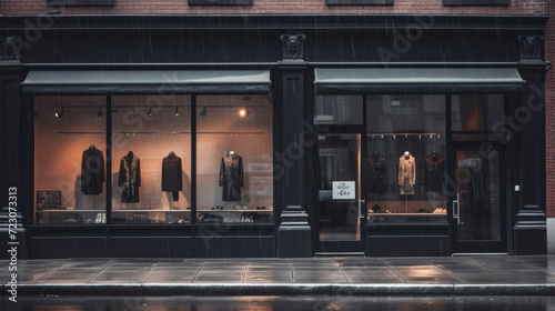 Clothing shop with glass windows, shop colors black and white photo