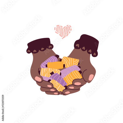 Vector illustration with cartoon hands holding threads. A set of elements for designing books and brochures in the field of hobbies and creativity. Scandinavian illustration style.