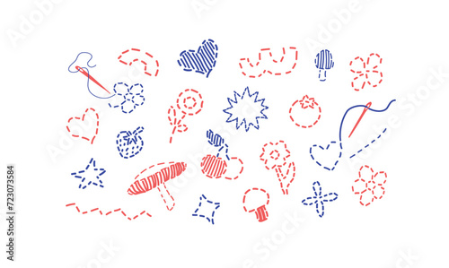 Vector set of embroidered thread figures. Cartoon hand drawn style. Banner for a hobby store. Set of isolated elements for design work.