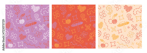 Set of vector seamless patterns of embroidered thread elements. Three different color options. Cute figures embroidered with thread. Patterns for use in textiles, interior design, gift paper