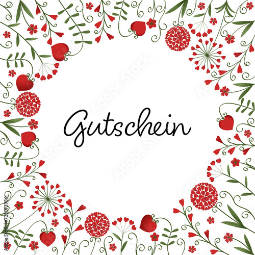 Gutschein - Schriftzug in deutscher Sprache. Quadratische Gutscheinkarte mit Blumen aus roten Herzen.