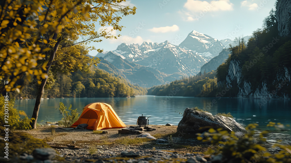 Serene Lakeside Camping in the Alps, lone tent sits by a serene lake with the majestic Alps in the background, capturing the essence of solitude and adventure in the wilderness