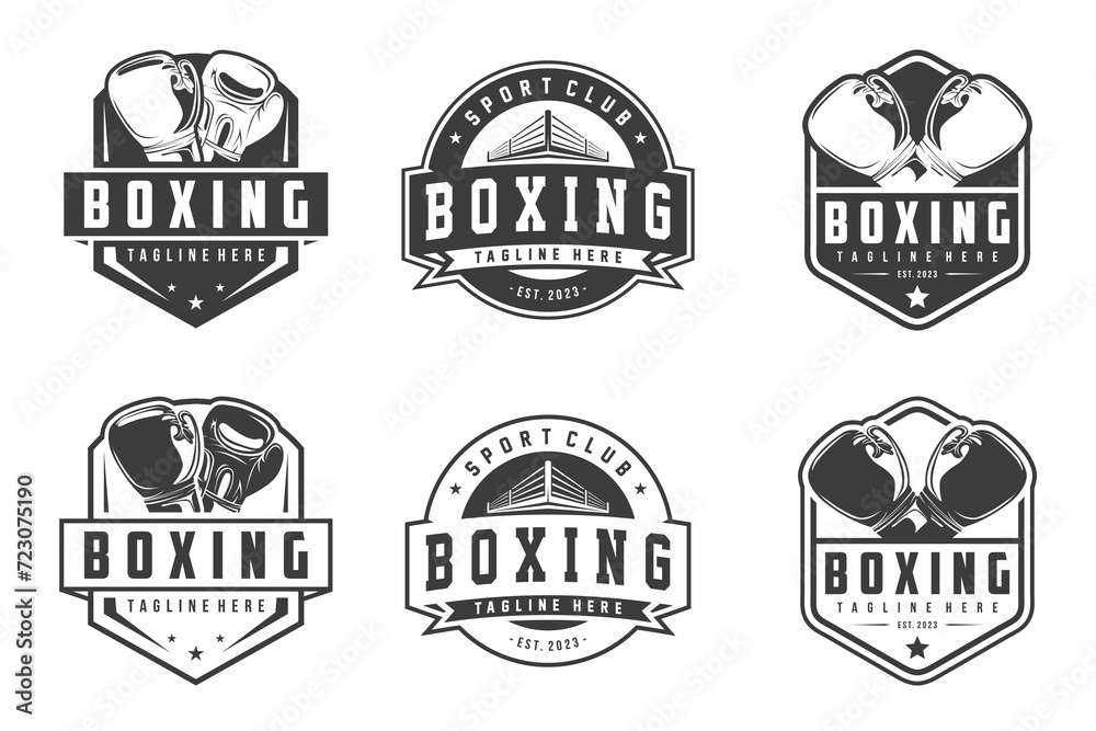 Boxing club logos labels emblems badges set, Boxing logo, emblem set collection, Black and white logo design template
