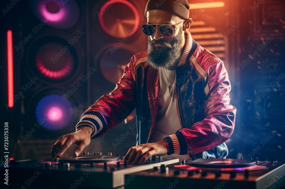 Φωτογραφία Concert of fashionable DJ in retro techno club