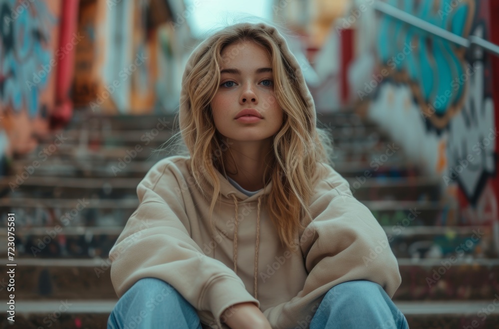 Woman in hoodie and blue jeans sitting on steps, urban downsizing image Woman in hoodie and blue jeans sitting on steps, urban downsizing image