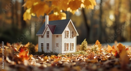 Tiny cottage surrounded by vibrant autumn colors in a miniature setting, cottage downsizing picture