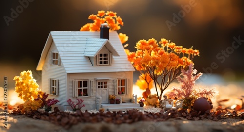 Miniature house in fall flowerpot on lawn, cottage downsizing image photo