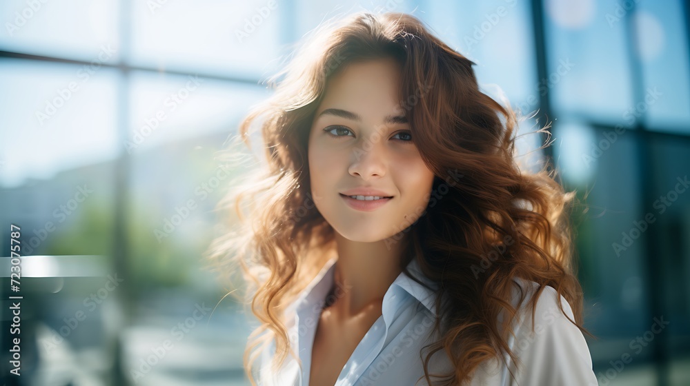 Portrait of a beautiful young woman with long wavy hair.