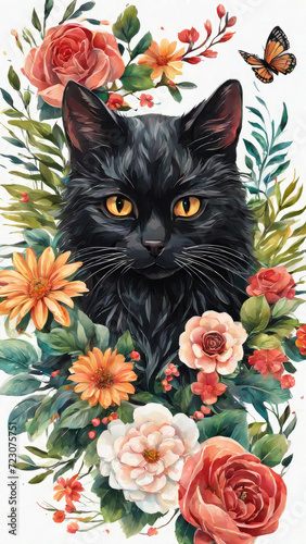 Vector floral theme face of a black cat with white background