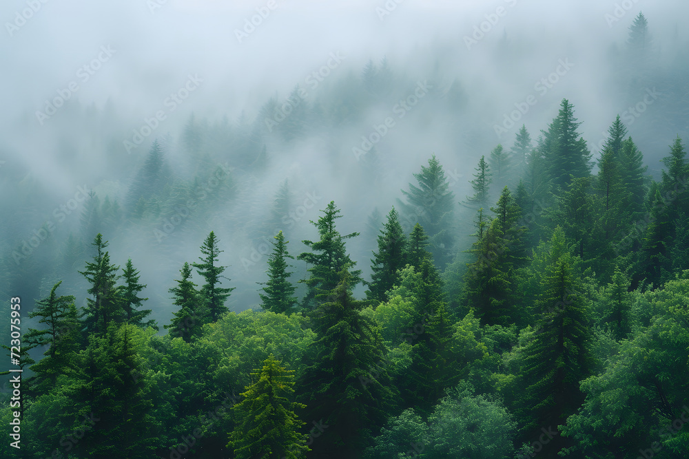 A misty mountain landscape with a forest of pine trees in a vintage retro style. The environment is portrayed with clouds and mist, creating a vintage and atmospheric imagery of a tree covered forest. A misty mountain landscape with a forest of pine trees in a vintage retro style. The environment is portrayed with clouds and mist, creating a vintage and atmospheric imagery of a tree covered forest.