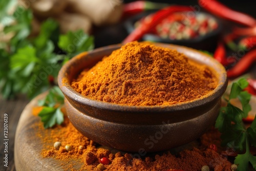 chipotle powder in a bowl with spices on background