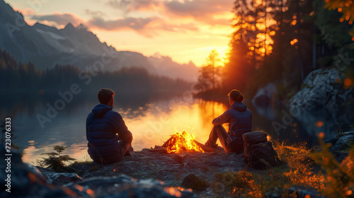 Friends by Lakeside Campfire at Dusk, the sun sets behind the mountains, friends gather around a campfire by a tranquil lake, sharing stories and basking in the serenity of nature photo