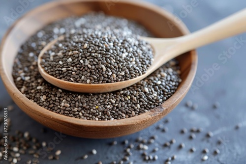 chia seeds in a wooden bowl with a spoon on dark table photo