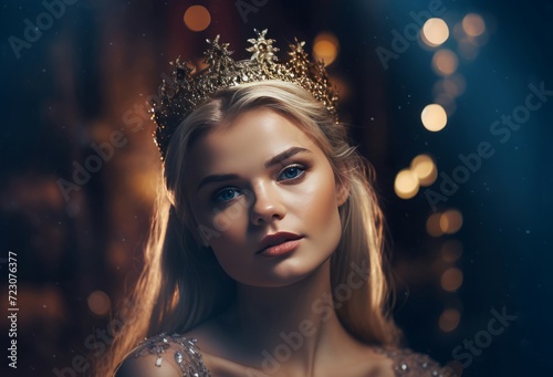 Beautiful blonde with crown on head on dark background. Female model, festive atmosphere, distant lights. Generate Ai
