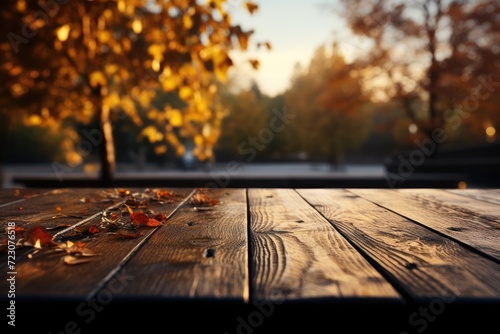 Wood floor or plank table with blurred autumn park background, walking someone. Empty space for text or presentation product