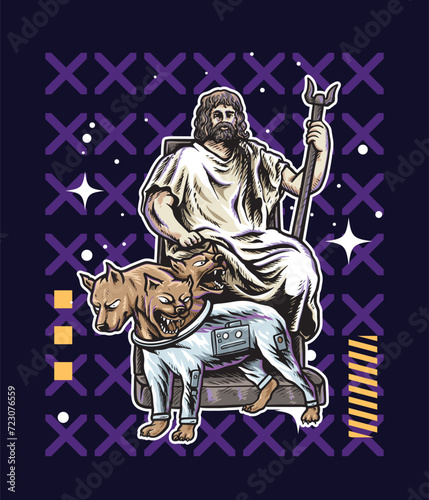 God of pluto and cerberus wearing astronaut suit illustration