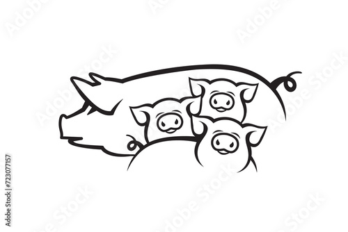 monochrome illustration of pig and piglets isolated on white background