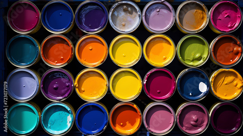 Colorful Array of Paint Cans Top View, Artistic Creativity and Home Improvement Concept