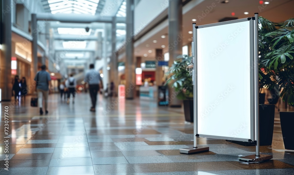 roll up mockup poster stand in an shopping center restaurant mall environment as poster stand banner design with blank empty copy space area, Generative AI