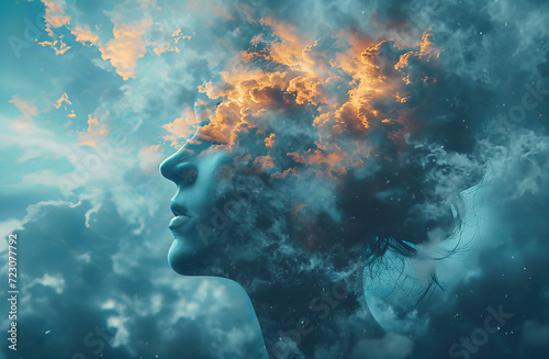 Fiery Thoughts: Profile Silhouette with Clouds, captivating silhouette of a profile overlaid with fiery clouds, symbolizing intense contemplation or a storm of ideas