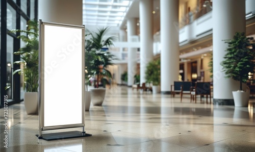 roll up mockup poster stand in an shopping center restaurant mall environment as poster stand banner design with blank empty copy space area, Generative AI photo