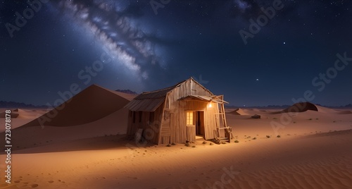 wooden hut in the desert and galaxy on midnight