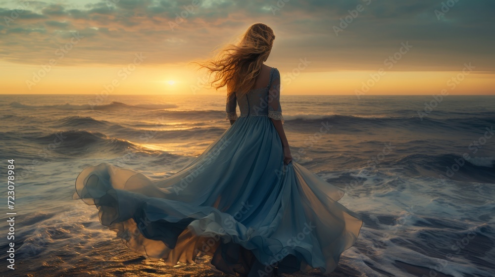 blonde woman wearing light blue dress walks on the beach , generated by AI