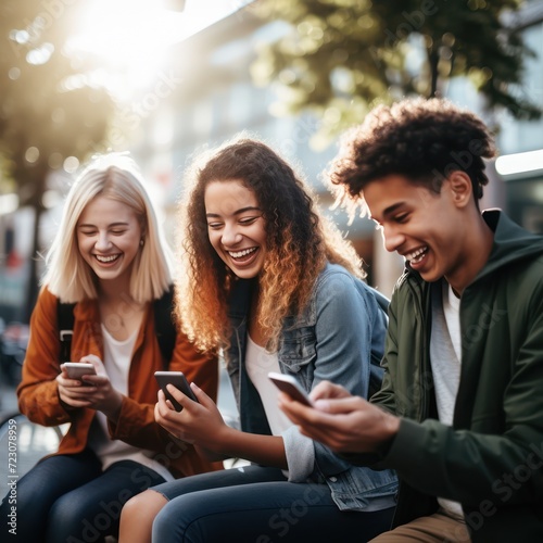 A Social media, technology and modern life concepts Group of young people using smart phones outdoors, happy friends with smartphones laughing together.
