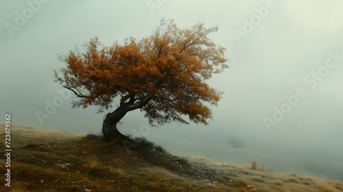 A solitary ancient oak on a windy hill in the autumn