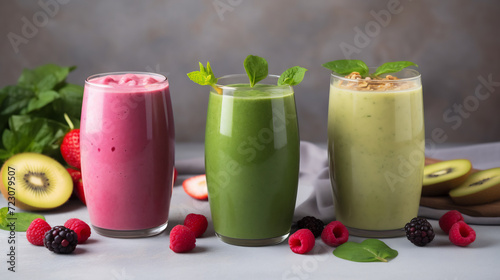 Assortment of Fresh Fruit Smoothies with Berries  Kiwi  and Greens. Healthy Diet Concept