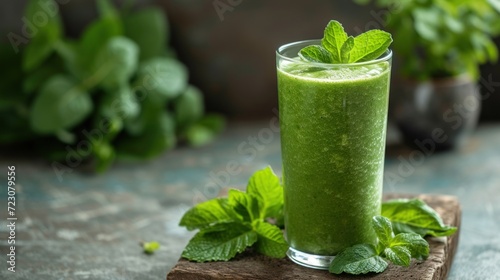 Fresh green Smoothie on glass with mint leaves, healthy drink concept. AI generated image