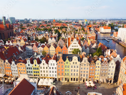 Aerial top view Historical Old City of Gdansk ,and Motlawa river, Poland at sunset. Also known as Danzig and the city of amber.St. Mary's Basilica- view of the old town- Gdansk, Poland.