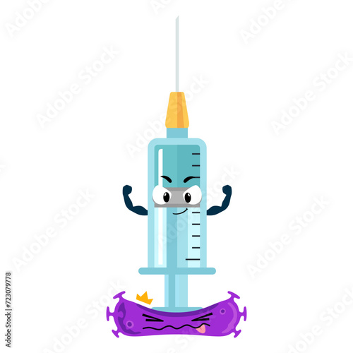 Vaccine and syringe mascot illustration kills coronavirus, Anti virus medicine fights covid-19