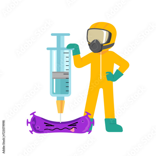 Man in hazmat suit holding Vaccine syringe kills coronavirus, scientist in gas mask fights covid-19