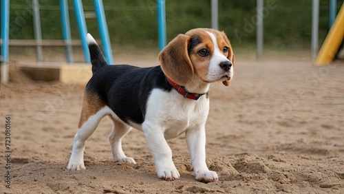 Tricolor beagle dog in the playground