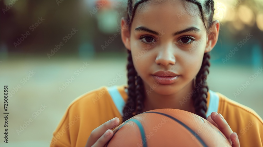 A beautiful young teenage girl with black hair holding an orange basketball ball, smiling and looking at the camera. Pretty female teenager standing on a basketball court, hoop blurred in the back