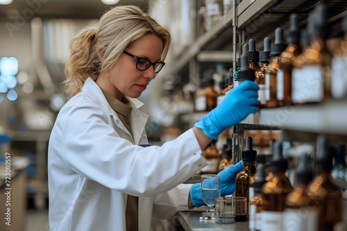  focused scientist in a lab coat and gloves meticulously analyzes chemical solutions in amber bottles, showcasing precision and expertise. Ideal for science, research, and healthcare content photo