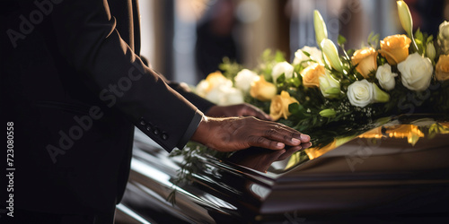 selective focus of hands over a coffin decorated with flowers during a funeral celebration photo