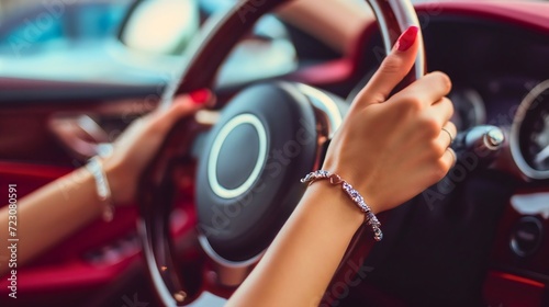 Female hands with red painted nails on the steering wheel, woman sitting in a luxurious car interior in black and red colors. Lady automobile driver, holding drivers wheel, controlling vehicle,turning