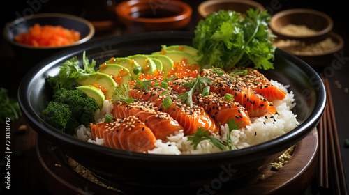 Poke bowl with fresh marinated salmon and variegated vegetables, green onions and microgreens.