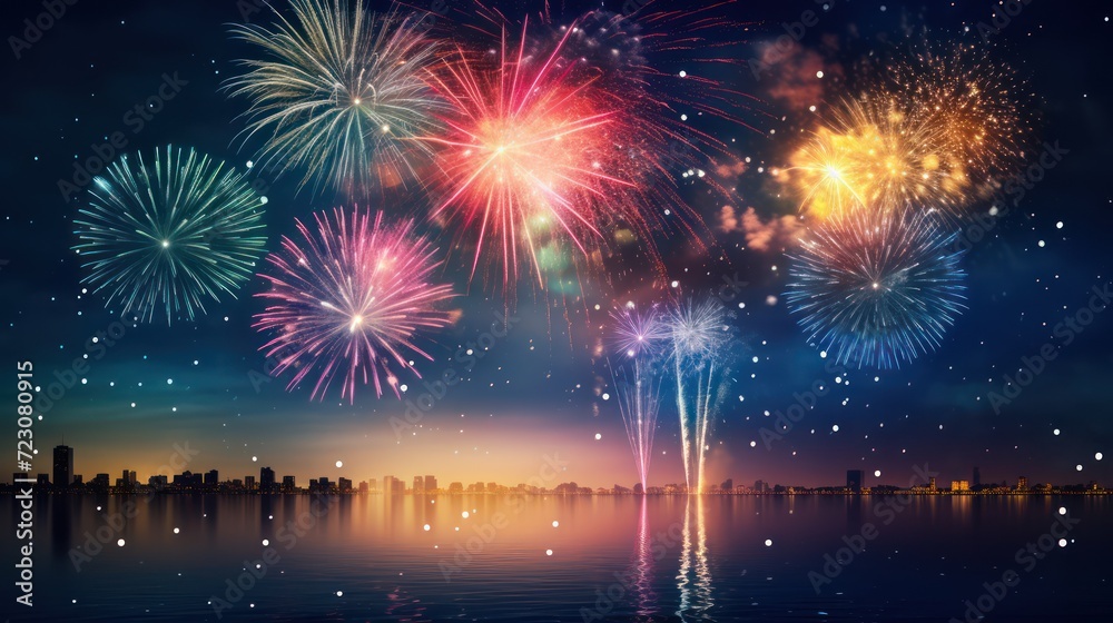 illustration - colorful fireworks in the night sky, bokeh blur background, out of focus city lights, background image.