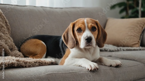 Tricolor beagle dog lying on sofa at home