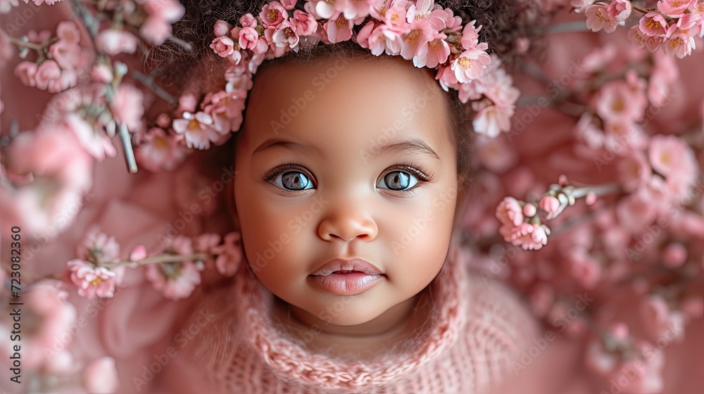 little girl in a wreath of pink flowers little girl in a wreath of pink flowers