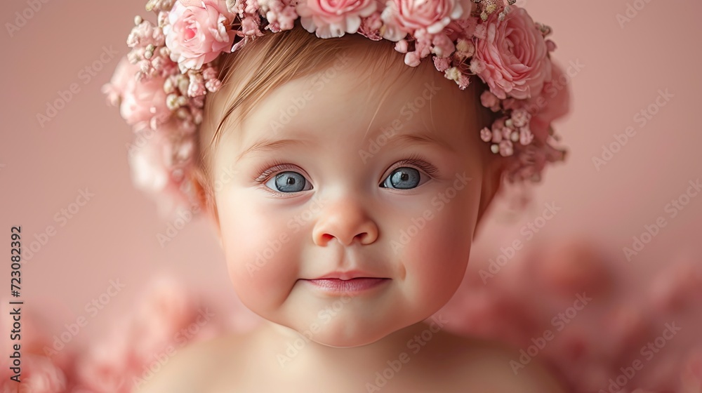 little girl in a wreath of pink flowers little girl in a wreath of pink flowers